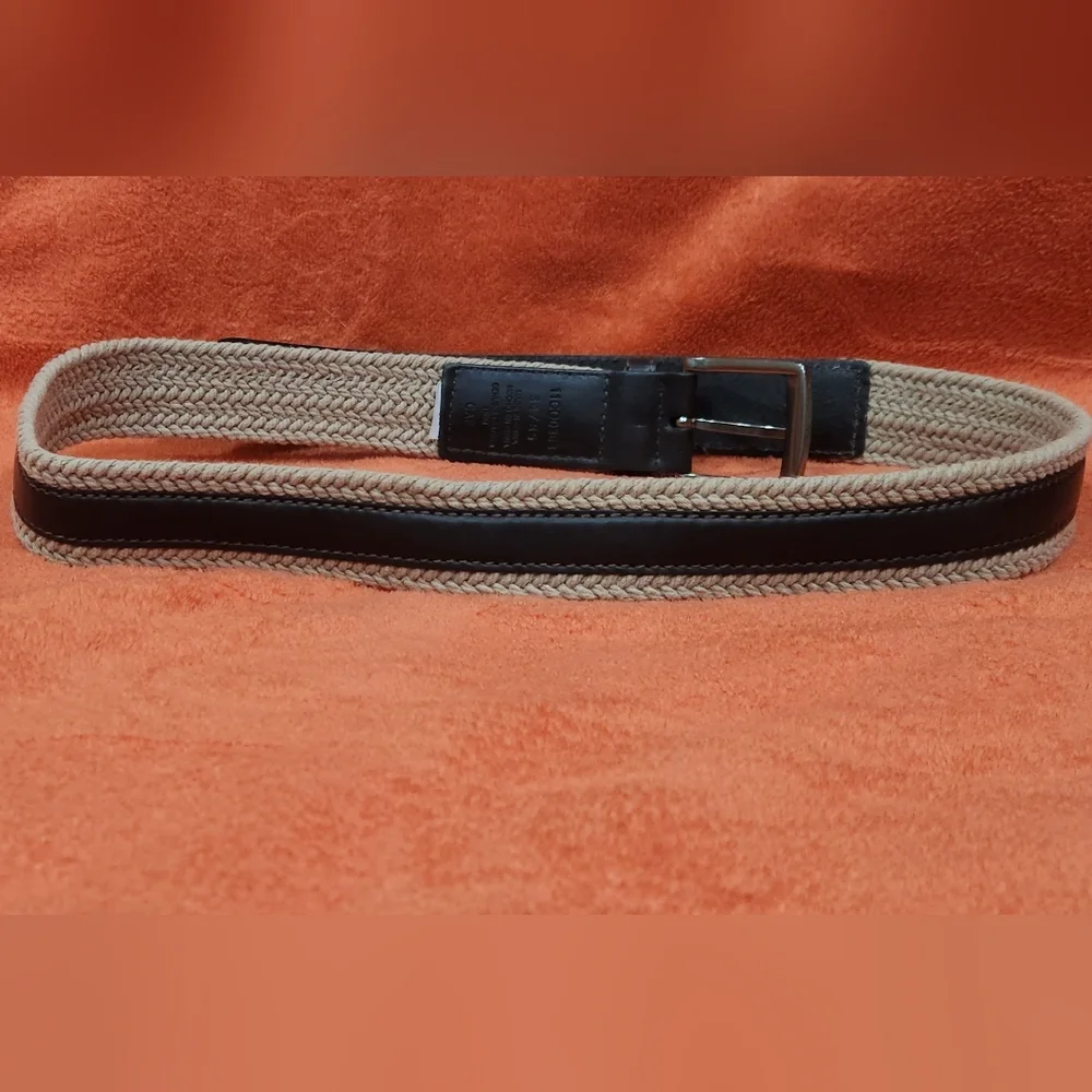 Columbia men's beige woven belt with dark brown leather trim size 34